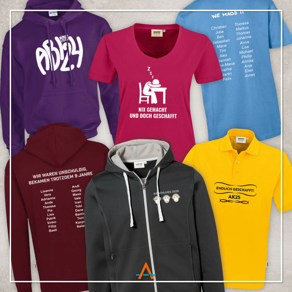 personalisierte Abschlussshirts, Hoodies und Strickjacken für Schulabgänger mit Textildruck