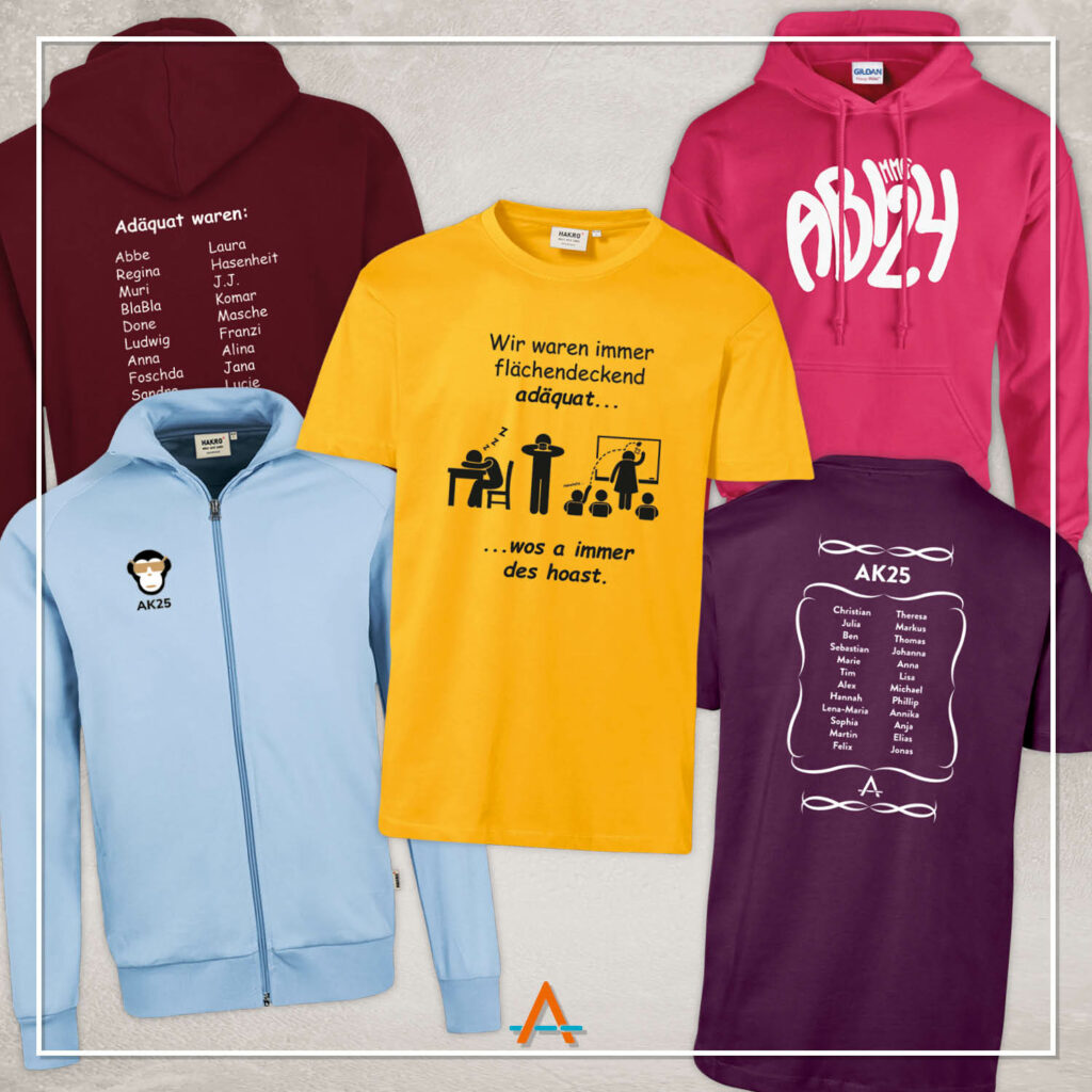 personalisierte Abschlussshirts, Hoodies und Strickjacken für Schulabgänger mit Textildruck