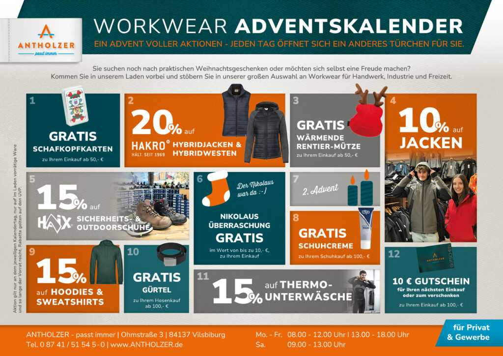 ANTHOLZER Workwear-Adventskalenderaktion Teil 1 in unserem Laden in Vilsbiburg, Aktionen für Arbeitsbekleidung, Teamkleidung von Marken wie Kübler, FHB, Hakro, Blakläder