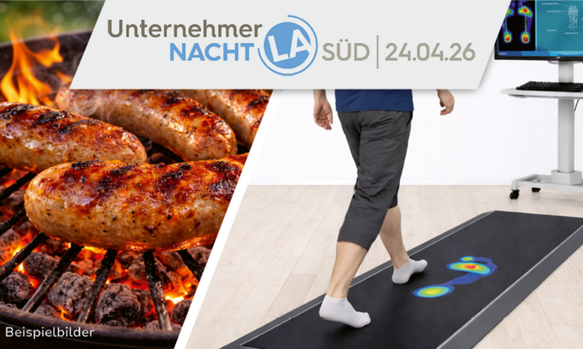 ANTHOLZER passt immer Aktion zur UnternehmerNacht Landshut Süd 24. April 2026, Grillwürste und Gangbildmessung für LeMaitre Arbeitsschuhe