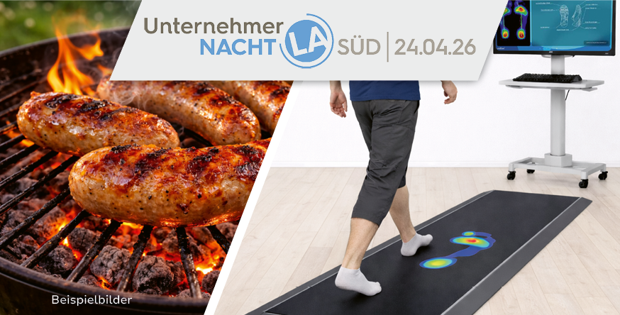 ANTHOLZER passt immer Aktion zur UnternehmerNacht Landshut Süd 24. April 2026, Grillwürste und Gangbildmessung für LeMaitre Arbeitsschuhe