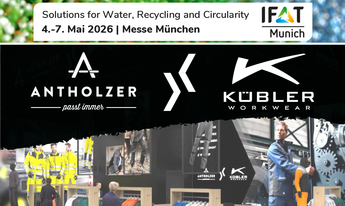 ANTHOLZER X Kübler Workwear auf der IFAT Messe 2026. Wir präsentieren Warnschutzbekleidung Kübler Refelctiq, Kübler Protectiq, Kübler Activiq u. v. m., unseren B2B-Mitarbeiterwebshop, Textilstick und Textildruck.