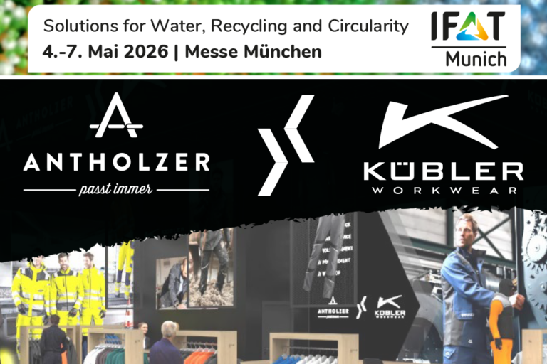 ANTHOLZER X Kübler Workwear auf der IFAT Messe 2026. Wir präsentieren Warnschutzbekleidung Kübler Refelctiq, Kübler Protectiq, Kübler Activiq u. v. m., unseren B2B-Mitarbeiterwebshop, Textilstick und Textildruck.