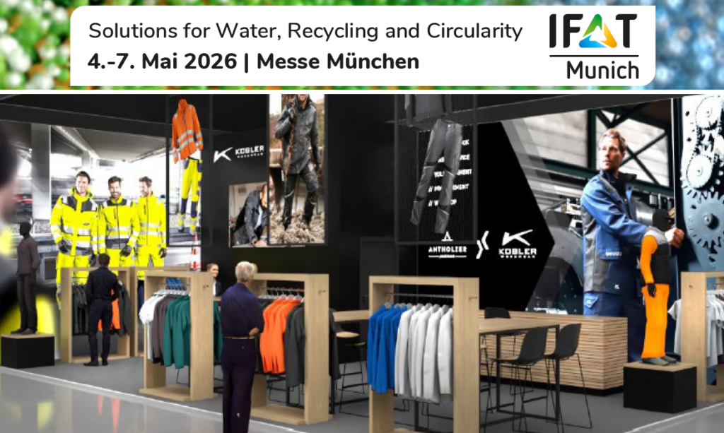 ANTHOLZER X Kübler Workwear auf der IFAT Messe vom 04.05. - 07.05.2026. Wir präsentieren Warnschutzbekleidung Kübler Refelctiq, Kübler Protectiq, Kübler Activiq u. v. m., unseren B2B-Mitarbeiterwebshop, Textilstick und Textildruck.